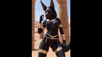 anthro big_ears black_body black_fur clothing egyptian egyptian_clothing female fur genitals gold_(metal) gold_jewelry jewelry pussy solo ignobler anubis canid canine canis deity domestic_dog mammal animated hi_res webm