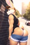 anthro bent_over big_butt bmrwcl bottomwear brown_hair butt city clothing fur hair hi_res lagomorph leporid looking_at_viewer looking_back male mammal muscular muscular_anthro muscular_male orange_body orange_fur outside rabbit seductive shirt shorts smile solo street tank_top topwear undressing