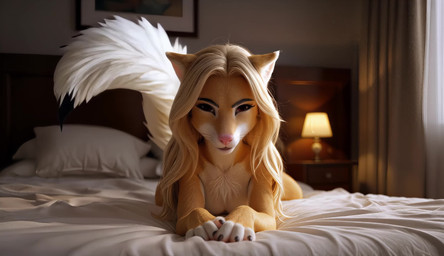 anthro bed bedroom blonde_hair breasts female fluffy fluffy_tail fur furniture hair lamp looking_at_viewer lying nude on_front pink_nose realistic realistic_fur realistic_lighting red_eyes solo sound_effects sound_warning whiskers yellow_body yellow_fur zabern mila_minx mammal mink mustelid musteline true_musteline animated hi_res short_playtime webm