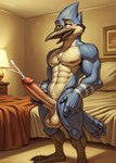 anthro avian_feet balls beak bed bedroom big_penis black_beak blue_body blue_feathers blush bodily_fluids brown_eyes chest_tuft claws cum cumshot ejaculation erection eye_roll feathers furniture genital_fluids genitals hand_on_leg hand_on_penis hand_on_thigh humanoid_genitalia humanoid_penis inside lamp looking_pleasured male masturbation multicolored_body muscular muscular_anthro muscular_male narrowed_eyes navel nipples nude open_mouth penile penile_masturbation penis saggy_balls solo standing tail_feathers toe_claws tuft aiaicaptain regular_show mordecai_(regular_show) avian bird blue_jay corvid jay_(bird) new_world_jay oscine passerine invalid_tag hi_res