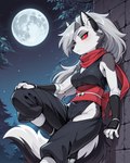 anthro breasts female fluffy_fur fur grey_body grey_eyes grey_fur moon night ninja red_eyes solo warrior alastorgj helluva_boss loona_(helluva_boss) canid canine canis mammal wolf hi_res