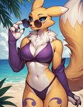 anthro armwear beach bikini blue_eyes breasts bridal_gauntlets cleavage clothed clothing dipstick_ears dipstick_tail eyewear female fluffy fluffy_tail fur markings masterpiece multicolored_ears seaside smile solo sunglasses swimwear tail_markings yellow_body yellow_fur mr.kitsune canid canine digimon_(species) fox mammal renamon detailed shaded soft_shading