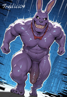 4_fingers 4_toes balls blue_background bodily_fluids feet fingers genitals looking_at_viewer male muscular penis purple_body running sharp_teeth simple_background solo teeth toes tredici04 five_nights_at_freddy's bonnie_(fnaf) humanoid hi_res