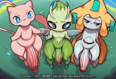 anthro balls big_balls big_penis blue_eyes blush fur genitals grass group looking_at_viewer male penis penis_size_difference pink_body plant short_stack text thick_thighs trio white_body wide_hips twinkaton nintendo pokemon celebi generation_1_pokemon generation_2_pokemon generation_3_pokemon humanoid jirachi legendary_pokemon mammal mew pokemon_(species)