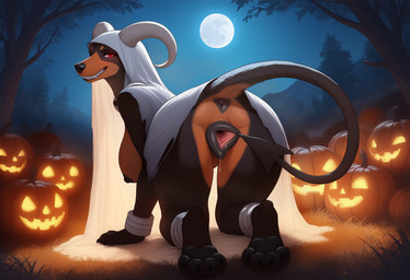 all_fours animal_genitalia animal_pussy anklet anthro anus armor big_breasts big_butt black_anus black_nipples black_pussy bracers breasts butt canine_genitalia canine_pussy clothing costume female genitals ghost_costume glowing glowing_eyes horn jack-o'-lantern jewelry looking_at_viewer looking_back looking_back_at_viewer moon night nipples on_ground plant pussy rear_view red_eyes solo spread_pussy spreading toothy_grin tree polar_(director) halloween_2025 nintendo pokemon generation_2_pokemon houndoom pokemon_(species)