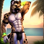 abs absurd_res anthro armband armpit_hair body_hair bracelet bulge bumblebee95 canid canine chest_tuft clothed clothing collar crotch_tuft hand_behind_head hands_behind_head hi_res hyaenid jewelry jockstrap looking_at_viewer male mammal midriff muscular narrowed_eyes naughty_face navel nipples open_mouth open_smile pecs pose pubes seductive skimpy smile solo topless tuft underwear