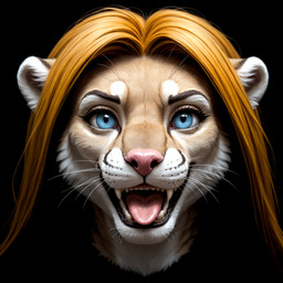 anthro black_background black_lips blonde_hair blue_eyes eyelashes fangs female front_view fur hair lips looking_at_viewer open_mouth orange_hair pink_nose simple_background smile solo tan_body tan_fur teeth tongue tongue_out tuft whiskers white_body white_fur crashbandit cougar felid feline mammal 3d_(artwork) comfyui_(software) custom_merge_(model) detailed digital_media_(artwork) headshot_portrait nai-diffusion-4-full_(model) novaanimalpony_(model) portrait prompt_metainfo
