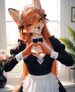 accessory anthro apron breasts clothing female flower flower_in_hair hair hair_accessory long_hair looking_at_viewer maid_uniform medium_breasts orange_hair plant smile smiling_at_viewer solo solo_focus uniform magacitl canid canine fox mammal animated hi_res webm