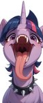 bodily_fluids choker female horn jewelry long_tongue looking_at_viewer looking_down mlp necklace saliva solo tongue tongue_out tricksterfox twilight_sparkle_(mlp) bat_pony equid equine horse mammal pony unicorn absurd_res hi_res