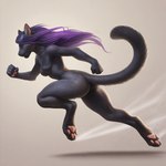 anthro black_body black_fur digitigrade female fur hair long_hair nude purple_hair running simple_background solo tasteful_nudity director_crashbandit felid mammal pantherine novelai