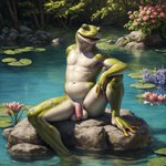 anthro balls biped countershade_face countershade_torso countershading feet fingers flower genitals green_body lily_pad male open_mouth open_smile partially_submerged penis plant smile solo toes water logically amphibian frog hi_res