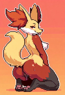 anthro bedroom_eyes black_body black_fur blep blush bodily_fluids breasts butt claws digitigrade female fur genital_fluids genitals gradient_background kneeling kneeling_on_ground looking_at_viewer looking_back looking_back_at_viewer narrowed_eyes nipples nude pawpads paws pixeldreamyai pussy pussy_juice raised_tail rear_view red_body red_eyes red_fur seductive simple_background smile solo sweat sweatdrop tongue tongue_out yellow_body yellow_fur nintendo pokemon delphox generation_6_pokemon pokemon_(species) digital_media_(artwork) hi_res pixel_(artwork)