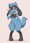 <3 anthro blue_body blue_fur blue_tail cute_expression female fur genitals looking_at_viewer pussy red_eyes simple_background smile solo wide_hips synaker nintendo pokemon generation_4_pokemon pokemon_(species) riolu 2025 absurd_res colored hi_res shaded simple_shading