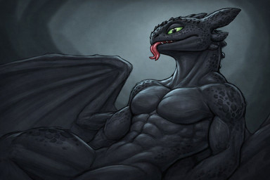 abs aianthros anthro athletic black_body green_eyes male muscular muscular_anthro muscular_male mythology nude pecs small_waist solo tongue tongue_out wings dreamworks how_to_train_your_dragon toothless dragon fury_(httyd) mythological_creature mythological_scalie night_fury reptile scalie western_dragon