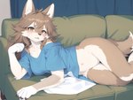 anthro bottomless breasts canid canine clothed clothing featureless_crotch female furniture looking_at_viewer lying mammal navel on_side on_sofa seductive shirt sofa solo tarklanse thigh_gap topwear