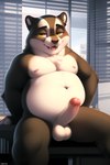 absurd_res anthro badger balls bedroom black_body black_fur black_nose chikais chubby_anthro chubby_belly chubby_male colored digital_media_(artwork) erection fur genitals hi_res humanoid_genitalia inside looking_at_viewer male mammal mustelid musteline neck_tuft novelai nude office open_mouth overweight overweight_anthro overweight_male potbelly sharp_teeth sitting slightly_chubby solo stripes teeth tuft watermark white_body white_fur yellow_eyes