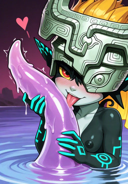 <3 anthro armor black_nipples breasts female hair headgear helmet holding_tentacle licking looking_at_viewer navel nipples nude orange_hair partially_submerged purple_slime purple_tentacles red_eyes small_breasts tentacle_lick tentacles tongue tongue_out water yellow_sclera nintendo the_legend_of_zelda midna humanoid imp