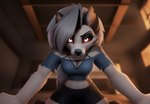 anthro bottomwear canid canid_demon clothing demon dominant dominant_female ear_piercing female fur hair hellhound kibermozgai loona_(helluva_boss) mammal pants piercing pinned red_sclera seductive solo topwear white_body white_eyes white_fur white_hair