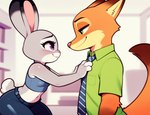 anthro bedroom_eyes blush clothed clothing disney duo ears_up female hand_on_chest inside male male/female narrowed_eyes necktie seductive size_difference smaller_female smile hank94_(director) zootopia judy_hopps nick_wilde canid canine fox lagomorph leporid mammal rabbit hi_res