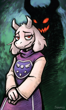 abstract_background anthro clothed_female clothing evil_grin eyelashes female floppy_ears fur hands_together horn looking_at_viewer purple_clothing red_eyes shadow slight_smile smile snout solo standing white_body white_fur sawmill undertale_(series) toriel hi_res novelai portrait signature three-quarter_portrait