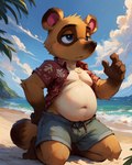 animal_crossing anthro beach bottomwear clothed clothing kneeling male nipples open_clothing open_shirt open_topwear sea seaside shirt shorts sky slightly_chubby solo topwear water styx343 tom_nook_(animal_crossing) canid canine mammal raccoon_dog tanuki hi_res