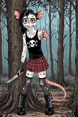 5_fingers black_body black_clothing black_fur black_hair black_shirt black_topwear boots bottomwear brown_eyes claws clenched_teeth clothed clothing detailed_background dirty dirty_clothing ear_piercing female fingers footwear forest fur gesture goth hair holding_knife holding_object knife legwear looking_at_viewer notched_ear outside pattern_bottomwear pattern_clothing pattern_skirt piercing pink_nose plaid plaid_bottomwear plaid_clothing plant pointing pointing_at_viewer scared shirt skirt solo standing stockings tail tank_top teeth topwear torn_clothing torn_legwear torn_stockings tree weapon whiskers white_body white_fur anonymous_director alice_(a.d.) american_opossum didelphid mammal marsupial virginia_opossum hi_res