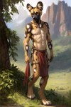 4_toes african_wild_dog anthro bottomwear canid canine clothed clothing feet forest hi_res jadenawd loincloth male mammal navel nipples outside paws plant seductive solo toes topless tree tribal tribal_clothing walking