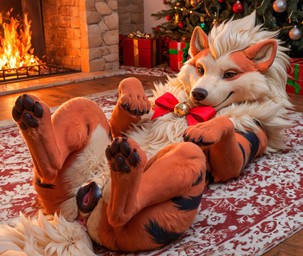 animal_genitalia animal_pussy anus bell black_stripes bow_ribbon canine_genitalia canine_pussy christmas_theme female feral fireplace fluffy_fur genitals looking_at_viewer lying on_back pawpads paws pussy solo stripes tail crimson_fenrir_(director) nintendo pokemon arcanine generation_1_pokemon pokemon_(species) hi_res