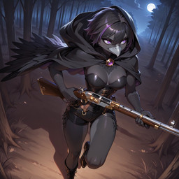 anthro beak black_body black_clothing black_feathers black_hair cloak clothing cloud dirt fantasy feathers female forest gun hair highlights_(coloring) holding_object holding_weapon moon night outside plant purple_eyes ranged_weapon rifle solo steampunk tight_clothing tree weapon rizzenwolf_(director) avian bird corvid corvus_(genus) crow oscine passerine hi_res