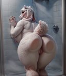 against_glass anthro blush bovid bovid_horn breasts butt caprine caprine_horn female fur genitals horn looking_at_viewer mammal nipples nude presenting pussy shower solo toriel traialas white_body white_fur