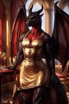 anthro black_body black_scales breasts clothing detailed_background dragon dress female gold_(metal) gold_jewelry jewelry looking_at_viewer membrane_(anatomy) membranous_wings multicolored_body muscular muscular_female non-mammal_breasts red_body red_scales scales scalie solo standing two_tone_body western_dragon wings