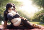 <3 anthro black_body black_claws black_fur blue_clothing body_hair bra brown_body brown_eyes brown_fur claws clothed clothing female flower fluffy fluffy_tail fur garden hand_on_leg hand_on_thigh happy_trail looking_at_viewer lying multicolored_body multicolored_fur on_side panties paws picnic_blanket plant sitting_on_ground slightly_chubby smile solo underwear underwear_only white_body white_fur polar_(director) bernese_mountain_dog canid canine canis domestic_dog mammal molosser mountain_dog swiss_mountain_dog