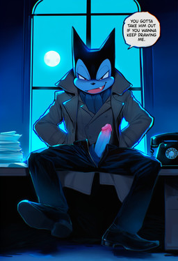 anthro black_body black_clothing black_fur black_nose black_underwear bottomwear brown_clothing bullying clothed clothing coat cute_fangs dialogue dress_shoes film_noir fur genitals glans grin grinning_at_viewer hand_in_pocket humanoid_genitalia humanoid_penis inside light looking_at_viewer male moonlight multicolored_body multicolored_fur narrowed_eyes night office open_clothing open_mouth open_smile pants penis pockets red_eyes scarf sitting sitting_on_desk smile sneer snout solo speech_bubble talking_to_viewer text threatening topwear trenchcoat two_tone_body two_tone_fur underwear vest window ratarang_(director) billy_bat bat mammal blue_theme cool_colors english_text full-length_portrait hi_res novelai portrait