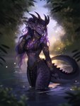 anthro clothed clothing dark_body dragon female hi_res horn jewelry partially_submerged purple_body scales seductive solo standing_in_water wingless_dragon yellow_eyes