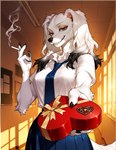 anthro bottomwear breasts cigarette clothing female holding_object necktie school_hallway school_uniform skirt smoke solo uniform anonymous_director valentine's_day canid canine canis domestic_dog hunting_dog mammal saluki sighthound hi_res