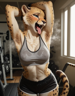 abs anthro armpit_fetish armpit_hair armpit_tuft arms_above_head athletic athletic_anthro athletic_female blue_eyes blush bodily_fluids body_hair bottomwear bra breasts chest_tuft cleavage clothed clothing countershading detailed_background exercise fangs female fur gym gym_bottomwear gym_clothing gym_shorts hands_behind_head hotpants inner_ear_fluff inside looking_at_viewer markings medium_breasts midriff musk musk_clouds musk_fetish musky_armpit navel nipple_outline nipples open_mouth open_smile raised_arms shorts smile solo sports_bra spots spotted_body spotted_fur standing steam stretching sweat sweaty_body sweaty_legs tail teeth tongue tongue_out topwear translucent translucent_clothing tuft underwear whiskers white_body white_fur workout yellow_body yellow_fur unknown_director cheetah felid feline mammal hi_res