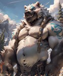 anthro biceps blue_eyes clothing detailed_background detailed_fur fur glowing glowing_eyes hair looking_at_viewer male male/male mountains musclegut muscular muscular_male plant sharp_teeth smile snow solo solo_focus tattoo teeth thick_neck tree white_body white_fur kuranoidss volibear mammal polar_bear ursid ursine detailed hi_res