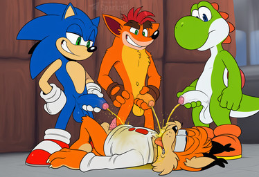 animal_genitalia animal_penis anthro balls biped blue_body bodily_fluids bottomless clothed clothing crossover erection feline_penis flaccid footwear foreskin fur genital_fluids genitals glans gloves golden_shower green_body green_eyes group hair handwear holding_penis humanoid_genitalia humanoid_penis lying male male/male male_anthro narrowed_eyes nude on_back open_mouth orange_body orange_fur peeing peeing_on_another peeing_together penis red_hair shoes smile standing telegram telegram_logo text tongue tongue_out topwear urine urine_in_mouth urine_on_chest urine_on_ground urine_pool urine_stream watersports white_body white_clothing sergalbutt activision bubsy_(series) crash_bandicoot_(series) mario_(series) sega sonic_the_hedgehog_(series) bubsy_bobcat crash_bandicoot sonic_the_hedgehog bandicoot bobcat dinosaur eulipotyphlan felid feline green_yoshi hedgehog lynx mammal marsupial reptile scalie yoshi director_name signature url