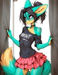 anthro black_hair bottomwear choker clothed clothing female hair jewelry necklace off_shoulder pink_eyes ponytail shirt skirt solo t-shirt topwear djar17 mint_(djar17) canid canine fennec fox mammal hi_res