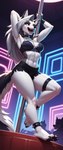 anthro bottomwear choker clothing dance female jewelry looking_at_viewer necklace public shorts solo striptease thick_thighs topwear torn_clothing tricksterfox loona_(helluva_boss) canid canid_demon canine demon hellhound mammal absurd_res hi_res