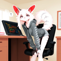 anthro bottomwear chair clothed clothing computer computer_monitor desk female fur furniture grey_eyes hair hand_on_knee hand_on_leg inner_ear_fluff inside leaning leaning_forward looking_at_viewer office_chair pink_nose red_inner_ear shorts skinny slim solo sweater table topwear tuft white_body white_fur white_hair seli-32 felid feline felis mammal absurd_res hi_res