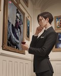 anthro art_gallery brown_eyes brown_hair clothing container cup drinking_glass eyewear female glass glass_container glass_cup glasses hair hand_on_face looking_at_object male museum painting_(object) side_view solo suit thinking_pose wine_glass cartuniverse cei nintendo pokemon star_fox krystal canid canine canis cetacean delphinoid fox generation_4_pokemon human lopunny mammal marine oceanic_dolphin orca pokemon_(species) taur toothed_whale wolf absurd_res hi_res