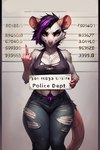 annoyed anthro breasts cleavage clothed clothing ear_piercing female gesture hair middle_finger mugshot nipple_outline piercing purple_hair red_eyes solo torn_clothing dimpus schlebethany_(dimpus) didelphid mammal marsupial rodent absurd_res hi_res