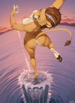 5_fingers 5_toes anthro arched_back bent_arm bent_leg breasts brown_hair brown_pawpads butt chest_tuft cloud coastline countershade_breasts countershade_butt countershade_face countershade_feet countershading dancing elbow_tuft evening eyelashes eyes_closed feet female fingers fisheye_lens grey_hair hair mountains nipples nude on_one_leg pawpads pink_nose plantigrade rear_view sea sharp_teeth short_hair sky soles solo splash standing standing_on_water stripes sunset tail_tuft teeth toes tuft water whiskers sawmill felid lion mammal pantherine hi_res pink_theme signature