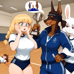 accessory anthro award biped blue_eyes breasts cigarette cigarette_in_mouth duo eyewear female glasses gym gym_clothing hair hand_on_head headband inner_ear_fluff nipples ponytail prick_ears red_eyes trophy tuft whistle_(object) anonymous_director invoke_high canid canine human lagomorph leporid mammal mouse murid murine rabbit rodent 1:1 hi_res