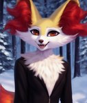 absurd_res ambiguous_gender anthro braixen bust_portrait canid canine clothing detailed fangs generation_6_pokemon hi_res jacket kadoodlebob looking_at_viewer mammal nature open_mouth open_smile outside pokemon_(species) portrait smile smirk snow solo topwear