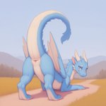 animal_genitalia ass_up blue_body blue_eyes blue_fur butt cloaca day female feral fur genitals horn looking_at_viewer looking_back looking_back_at_viewer mythology outside presenting presenting_cloaca presenting_hindquarters raised_tail solo solo_focus unknown_director dragon furred_dragon mythological_creature mythological_scalie scalie absurd_res hi_res