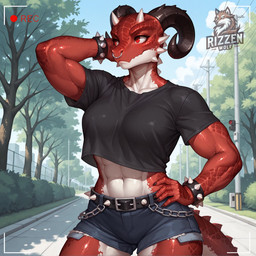 abs anthro belly_scales belt black_clothing bottomwear bracelet breasts camera_view clothing denim denim_clothing dragoness facial_piercing female hand_on_hip hands_behind_head horn hotpants jewelry mythology navel non-mammal_breasts nose_piercing nose_ring outside piercing power_line red_body red_eyes red_scales ring_piercing scales shorts solo spiked_belt spiked_bracelet spikes standing rizzenwolf_(director) aegis_(rizzenwolf) dragon mythological_creature mythological_scalie scalie western_dragon wingless_dragon director_name hi_res watermark