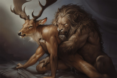 andromorph anthro bed bodily_fluids cum cum_inside duo from_behind_position furniture genital_fluids intersex intersex/male male penetration sex vaginal vaginal_penetration hyperion cervid felid lion mammal pantherine