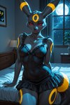 anthro bedroom clothing dress female looking_at_viewer night nipple_outline smile solo standing denis0k nintendo pokemon eeveelution generation_2_pokemon pokemon_(species) umbreon hi_res